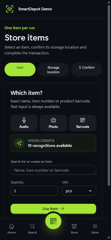 SmartDepot item capture flow in English