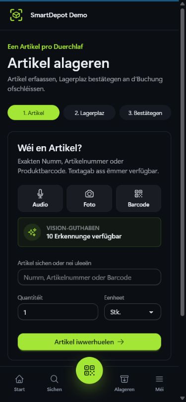 SmartDepot-Erfaassung mat Text, Audio, Foto a Barcode